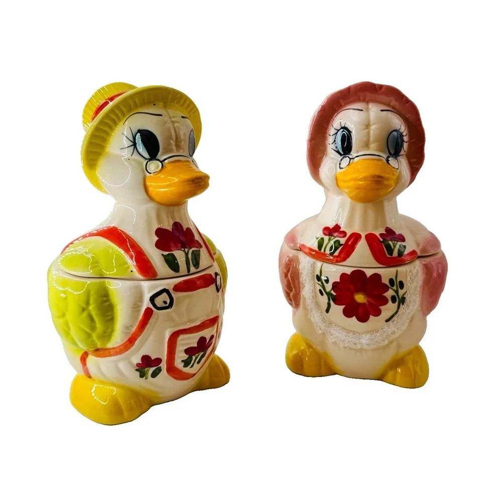 Vintage Duck Canister Cookie Jar Country Cottage Ceramic Mom Dad Ducks Lace Set